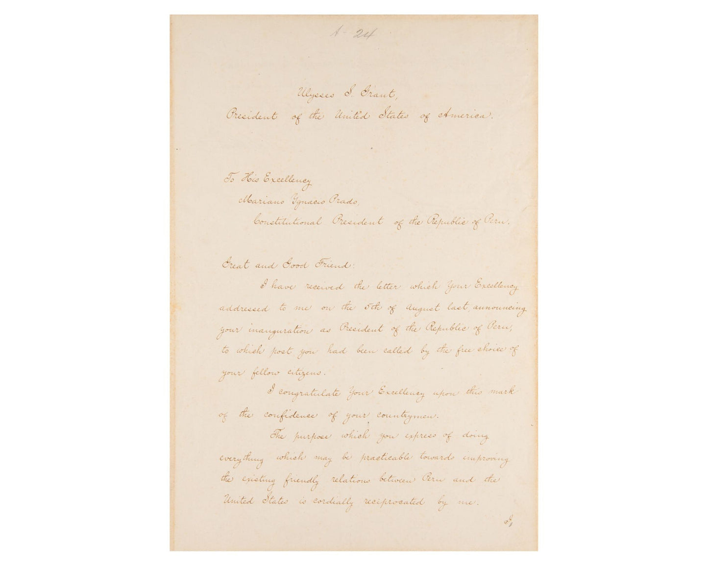 President ULYSSES S. GRANT Rare Diplomatic Signed Letter To Peru Pres. PSA