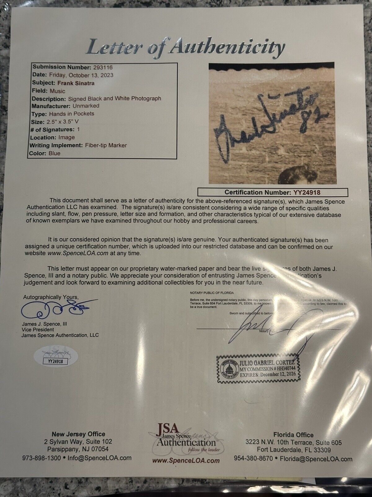 Frank Sinatra Signed Original Photograph/Snapshot, JSA Full LOA Authentic Auto