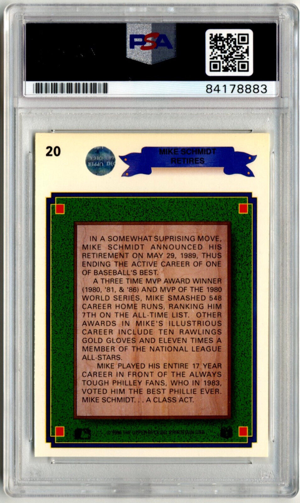 1990 Upper Deck MIKE SCHMIDT #20 Autograph Signed Card PSA 8 Auto Phillies Icon!