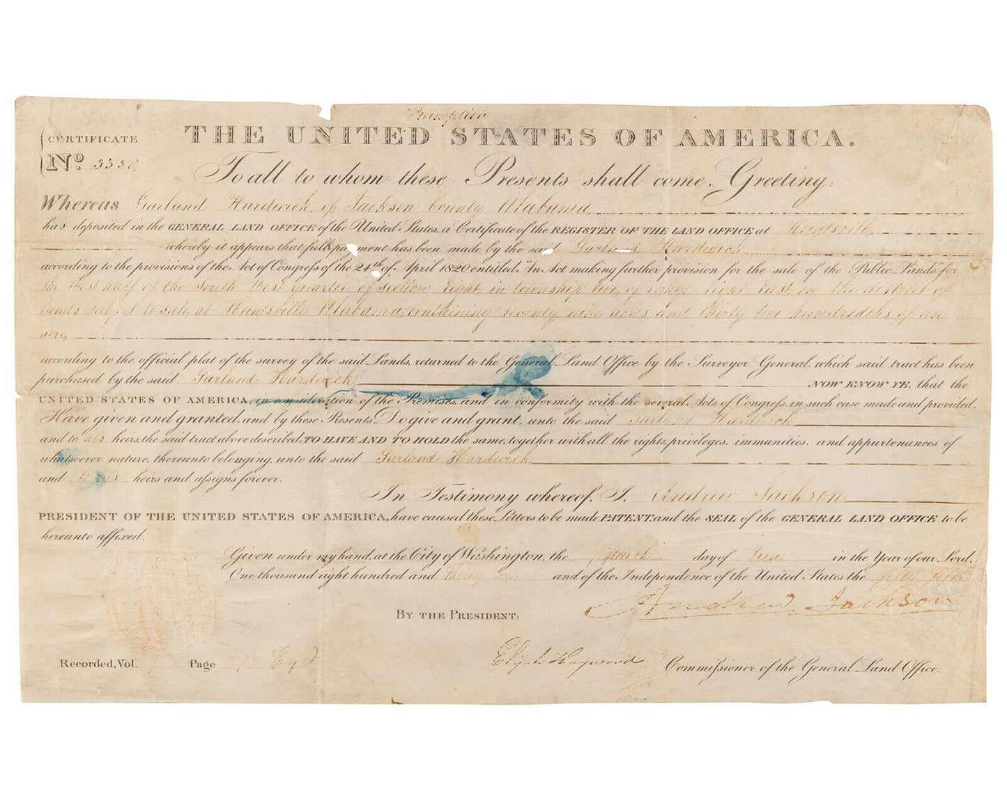 President Andrew Jackson Signed Alabama Land Grant after Indian Removal Act JSA