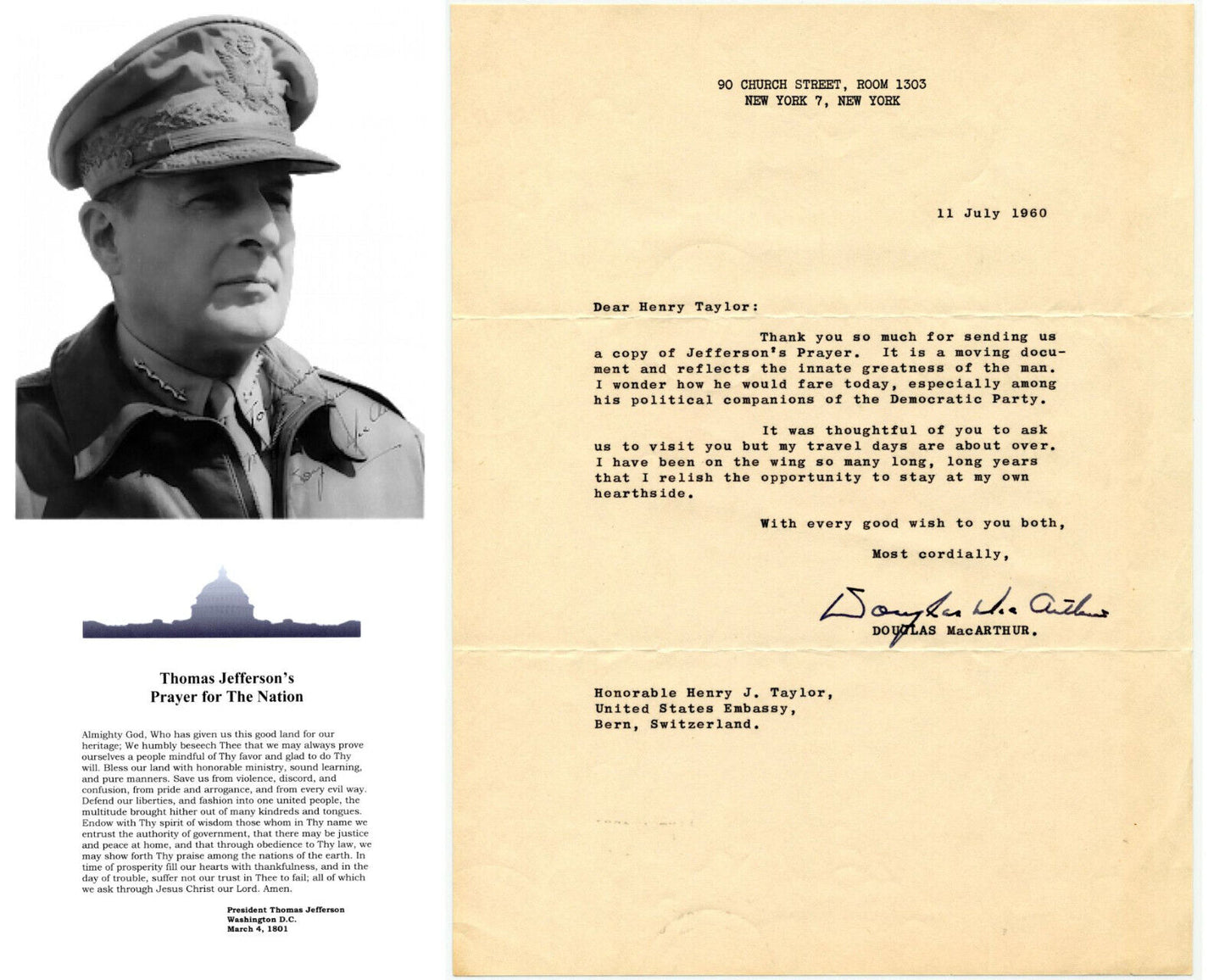 General Douglas MacArthur Signed Letter On T. Jefferson's "Innate Greatness" JSA