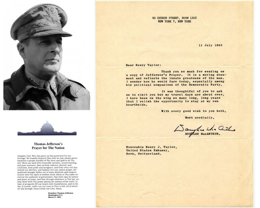 General Douglas MacArthur Signed Letter On T. Jefferson's "Innate Greatness" JSA