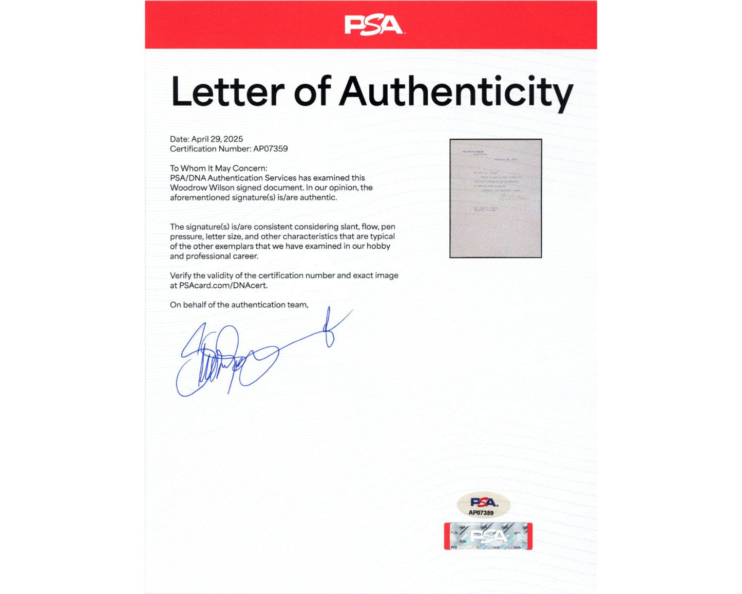 President Woodrow Wilson Signed White House Letter as Pres. PSA - Bold Auto!
