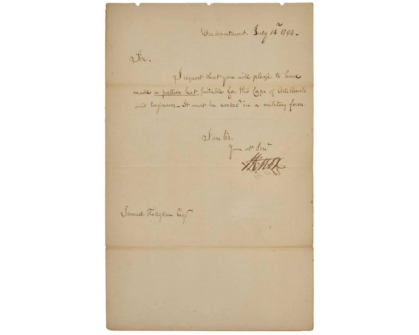 Washington's Gen. HENRY KNOX Signed Letter Orders Military Hat for Artillerists!