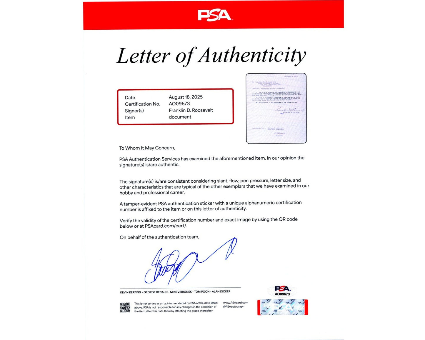 President Franklin D. Roosevelt Signed Letter Wartime (WWI) Promotion to Lt. PSA
