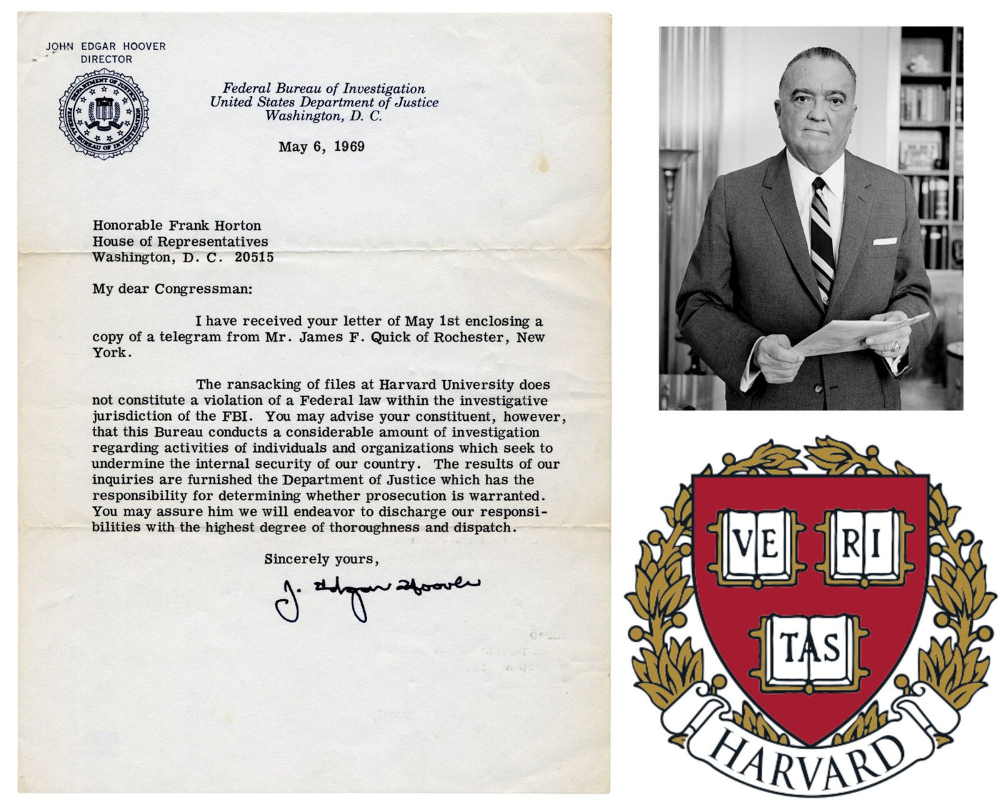 FBI Dir. J. Edgar Hoover Signed Letter on Harvard Vietnam Protest PSA
