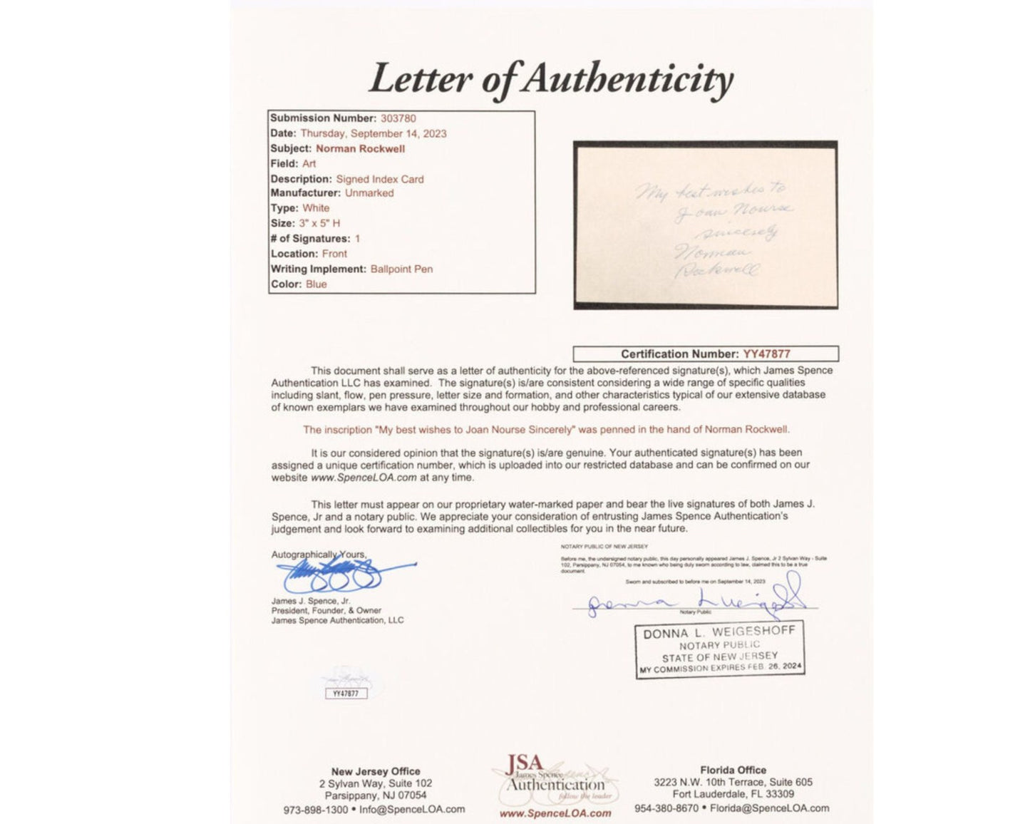 Legendary Artist Norman Rockwell Signed Index Card! JSA