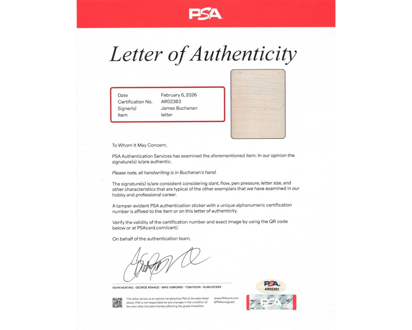 President James Buchanan Signed Handwritten Letter To Polk Sec of Tres. PSA Auto