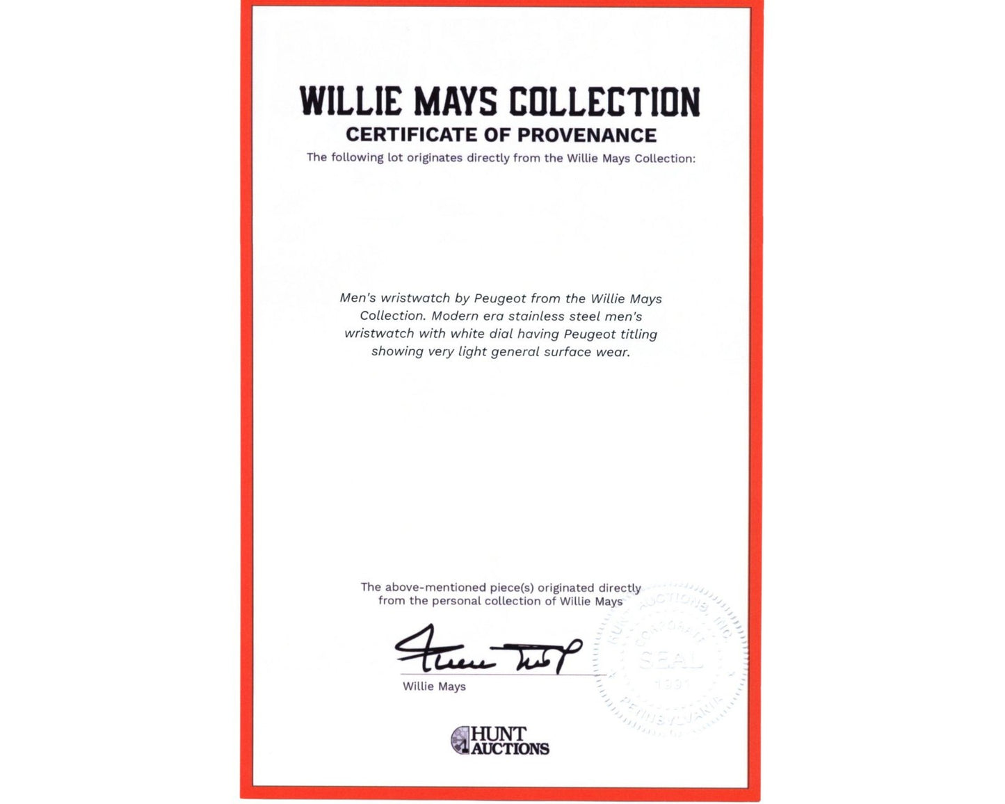 Willie Mays Personally Owned Peugeot Watch! Ex. Mays Estate / Hunt Auctions
