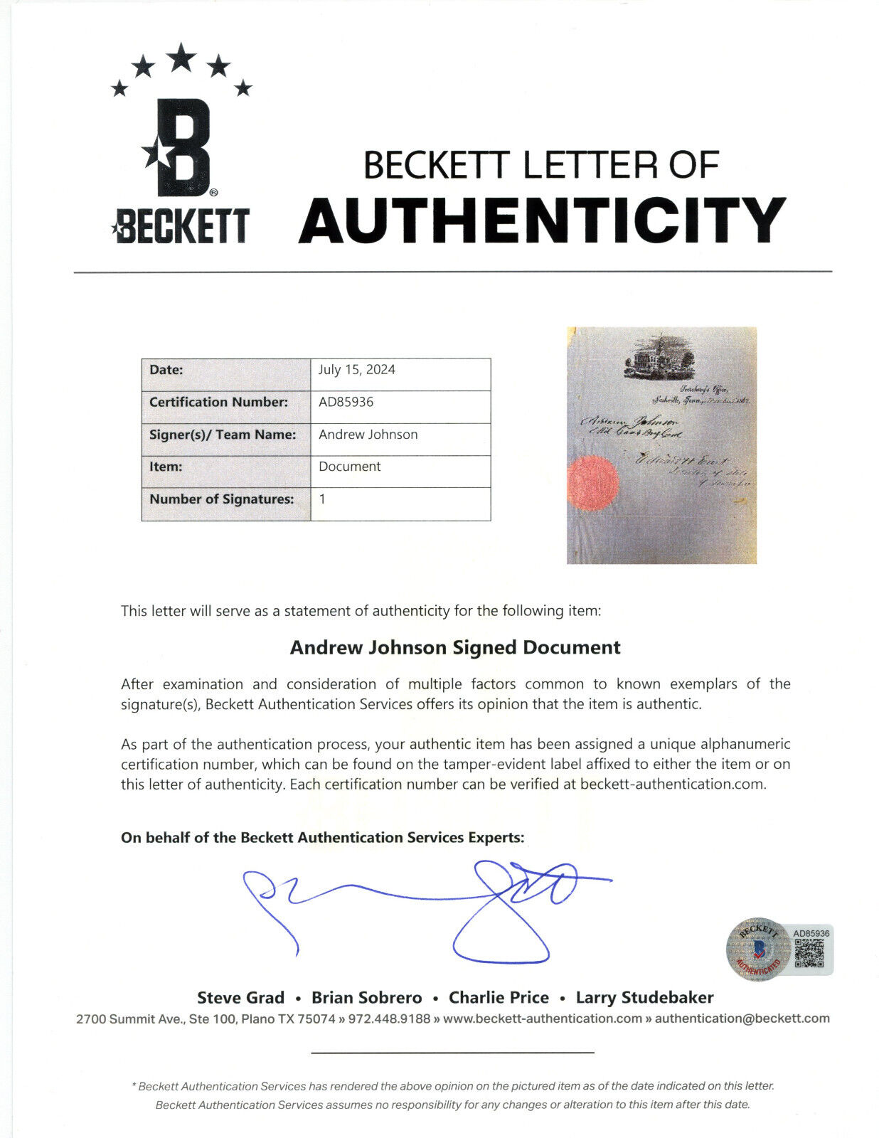 President Andrew Johnson Signed & Inscribed Tennessee Doc. - BAS Authentic Auto