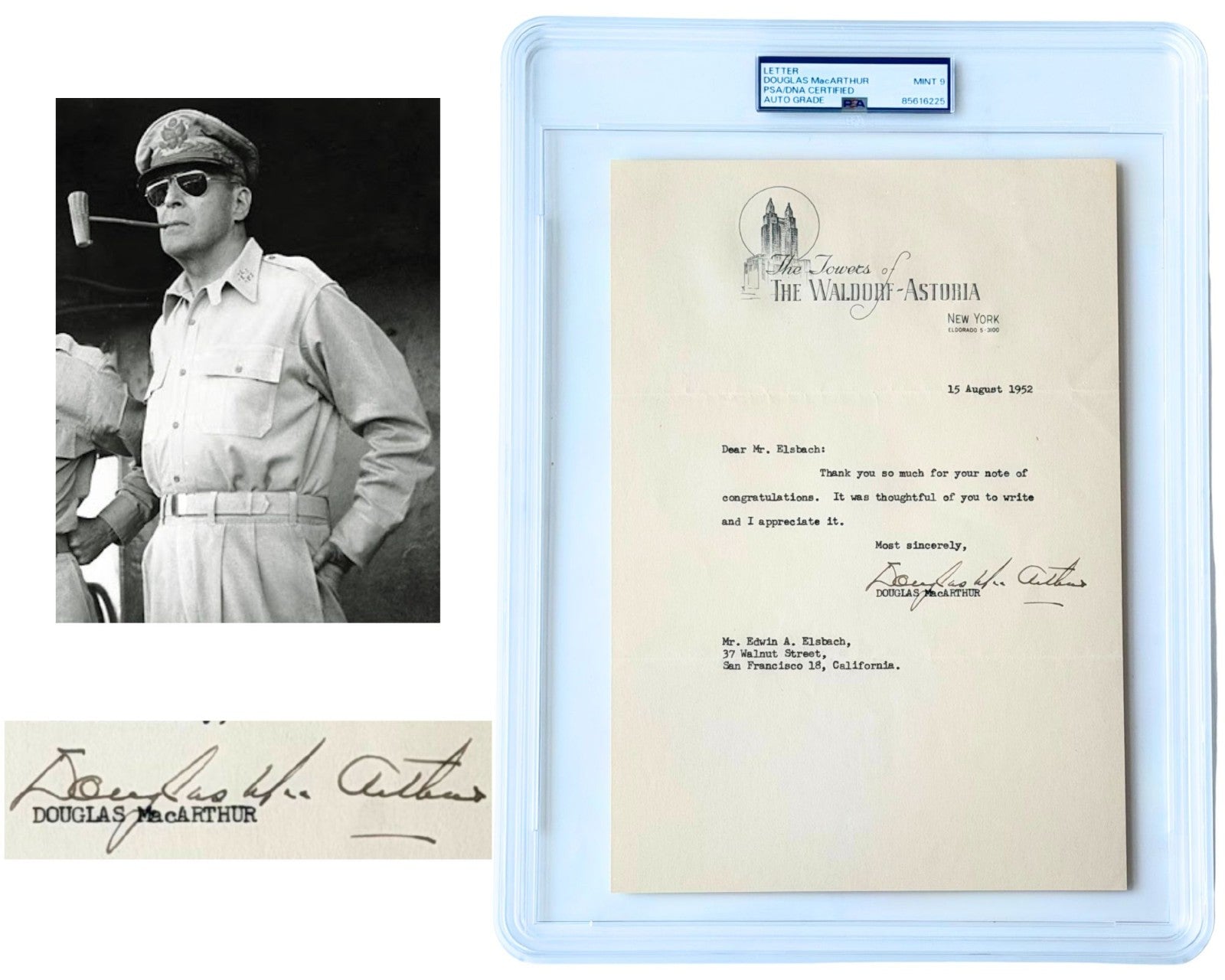 General Douglas MacArthur Signed Letter PSA Mint 9 Auto from Waldorf Astoria!