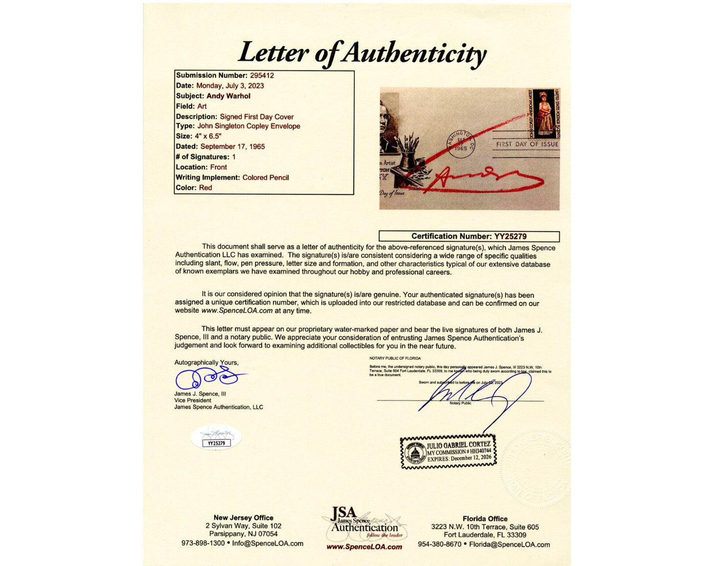 Andy Warhol Signed 1965 John Singleton Copley First Day Cover JSA Authenticate