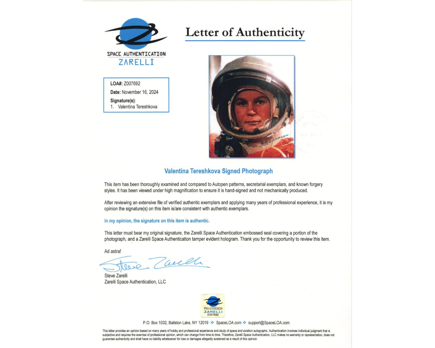First Lady In Space Valentina Tereshkova Signed Photo Zarelli Authentication