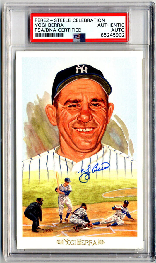 Yogi Berra Signed Perez Steele Postcard PSA AUTO - Yankees Icon!