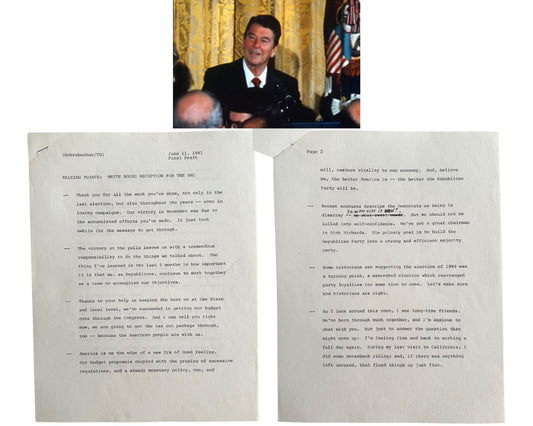 President Ronald Reagan's Hand Edited Speech at White House Reception for RNC