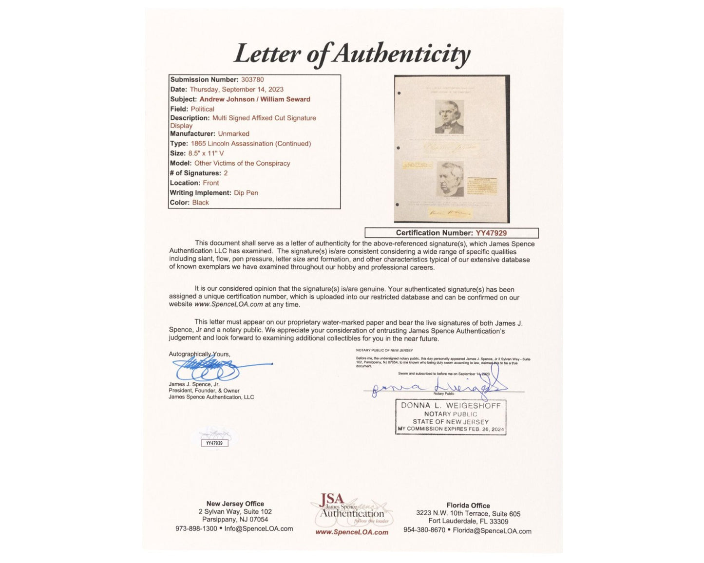 Andrew Johnson & William Seward Signed Lincoln Assassination Display JSA