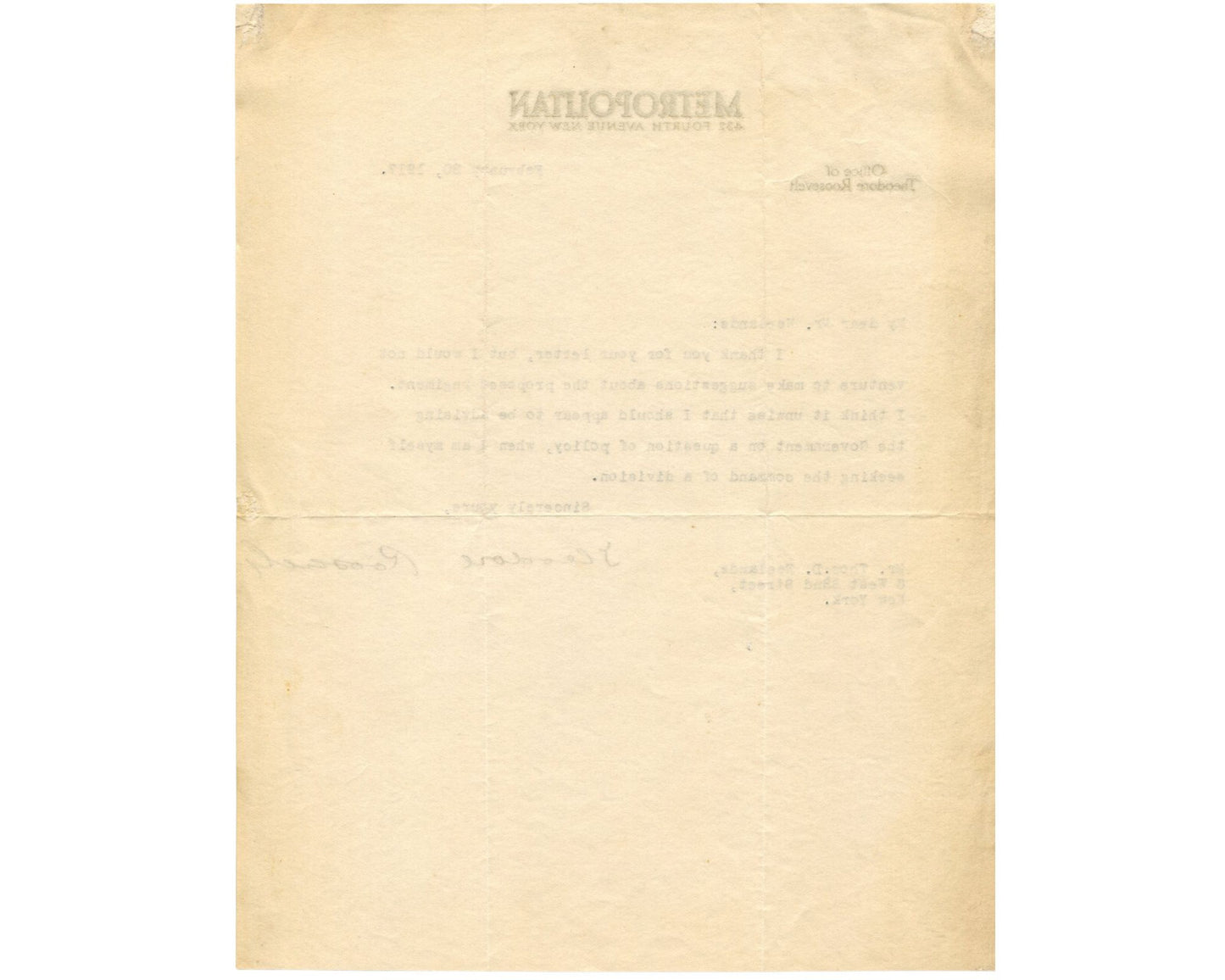 President Theodore Roosevelt Seeks to Re-Enter Combat PSA Historic Signed Letter
