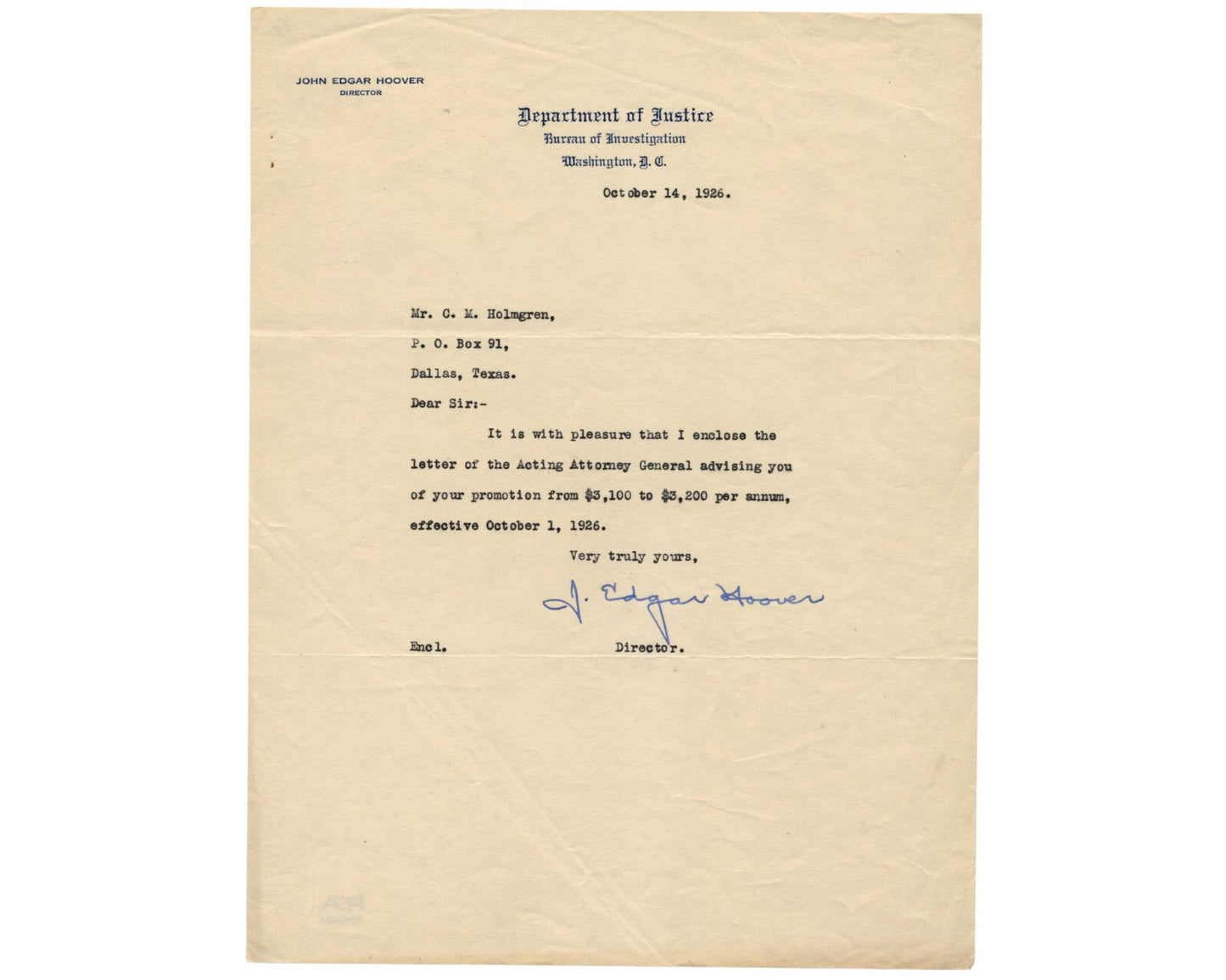 FBI Dir. J. Edgar Hoover Signed Letter Promoting FBI Agent! Early Example! PSA