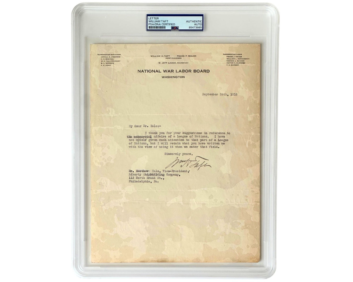 President William H. Taft Signed Letter on "affairs of a League of Nations" PSA