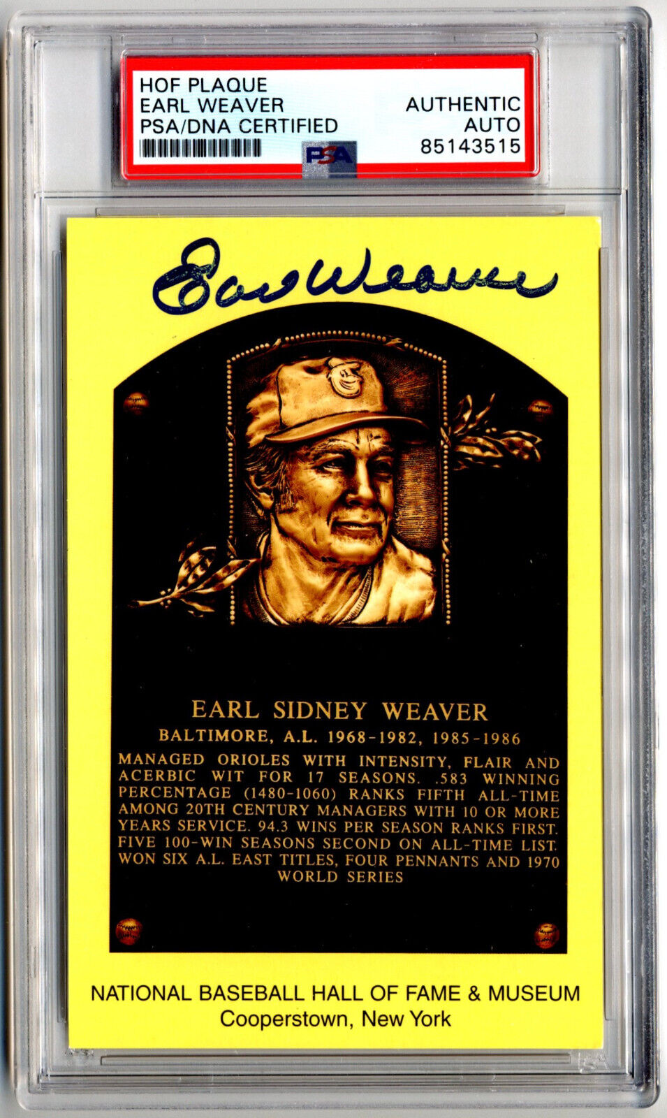 Earl Weaver Signed HOF Post Card PSA Auto - Orioles