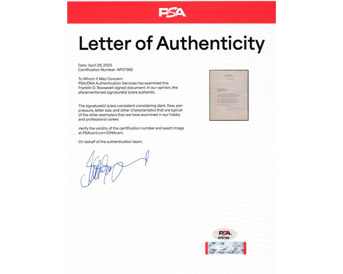 President Franklin Roosevelt Signed TLS Eyes for Navy "Until Victory is Won" PSA