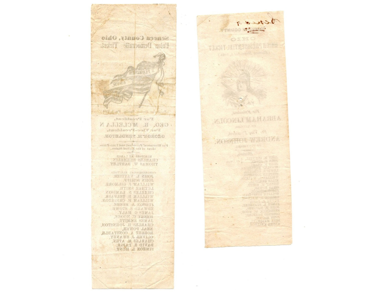 Abraham Lincoln & McClellan Ohio Soldiers Ballots for 1864 Pres. Election Ticket