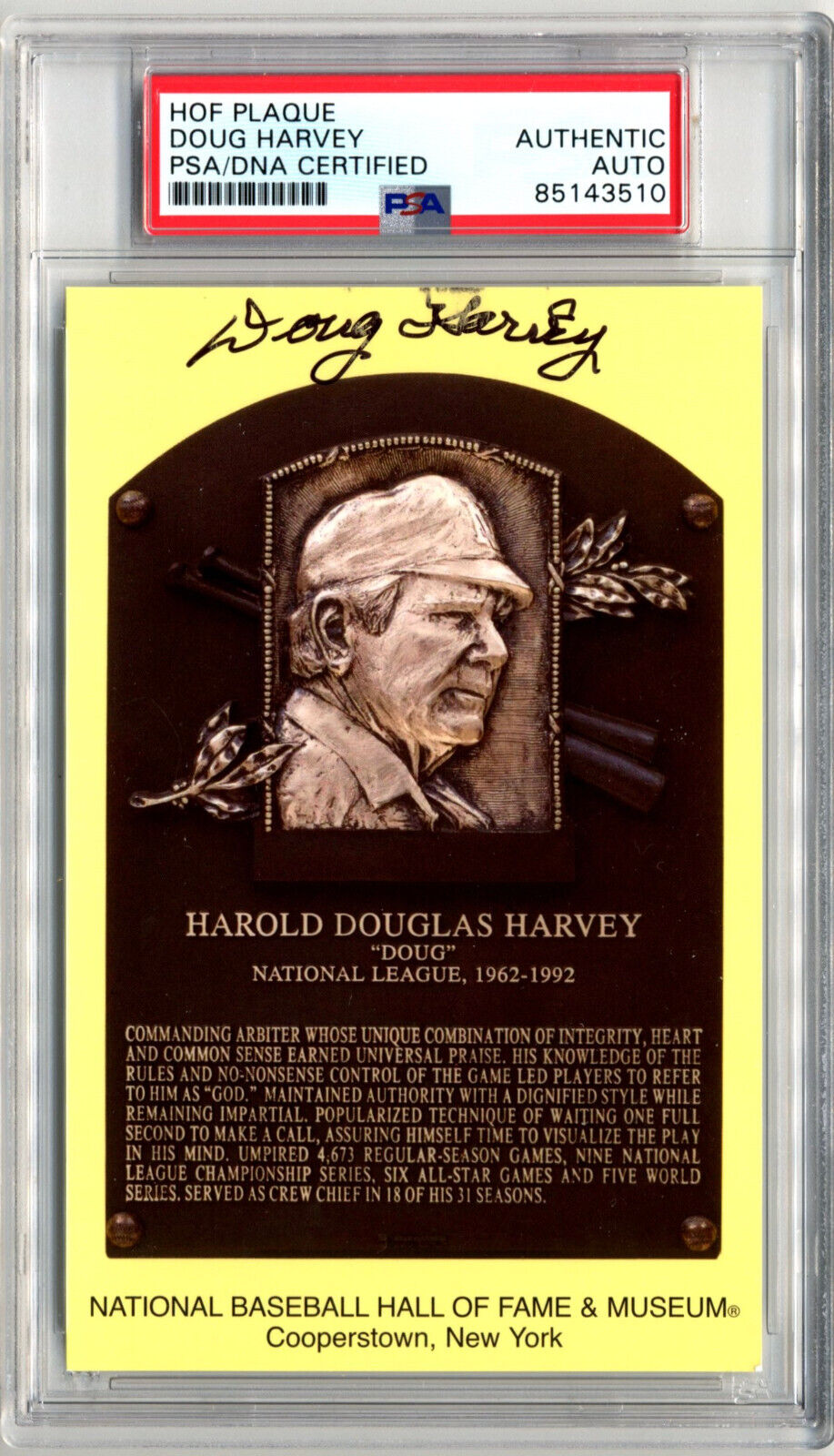 Doug Harvey Signed HOF Post Card PSA Auto