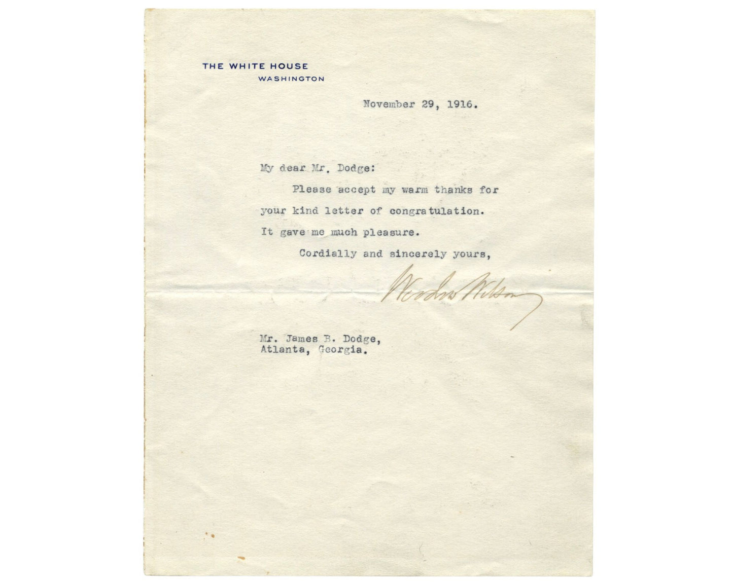 President Woodrow Wilson Signed White House Letter as Pres. PSA - Bold Auto!