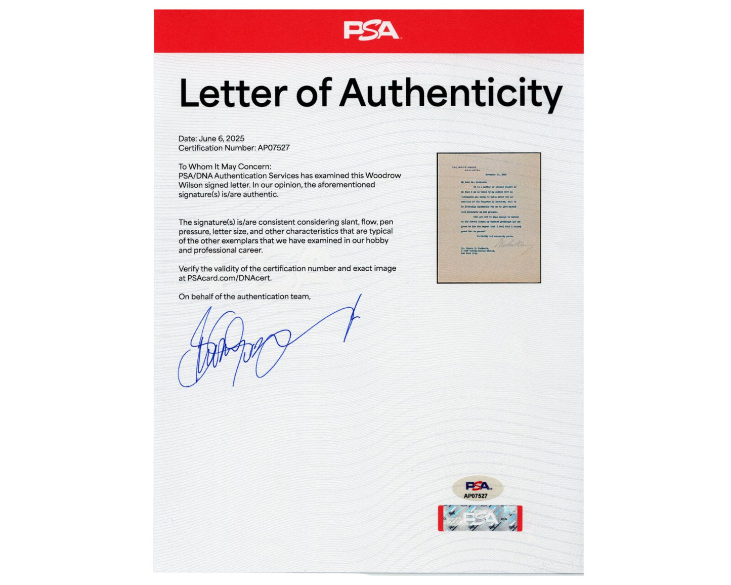 President Woodrow Wilson Signed W.H. Letter Extending Sir Borden Greetings! PSA