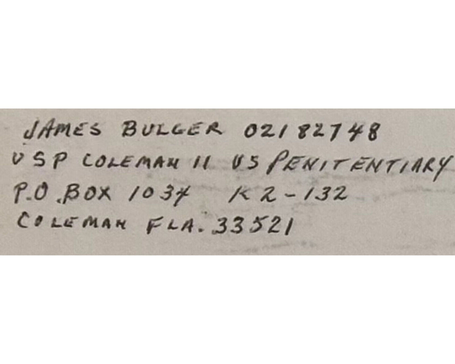 Gangster James Whitey Bulger Signed Envelope Sent from Jail PSA Mint 9