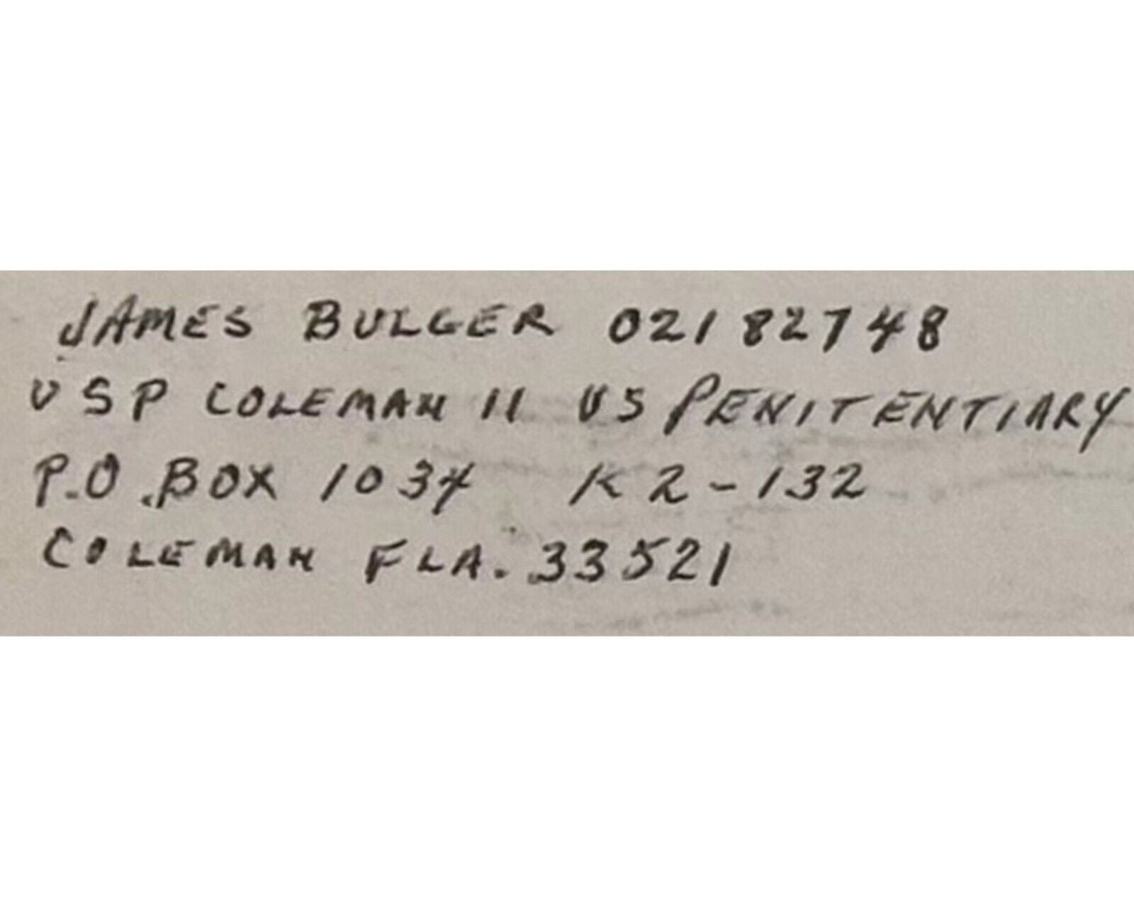 Gangster James Whitey Bulger Signed Envelope Sent from Jail PSA Mint 9