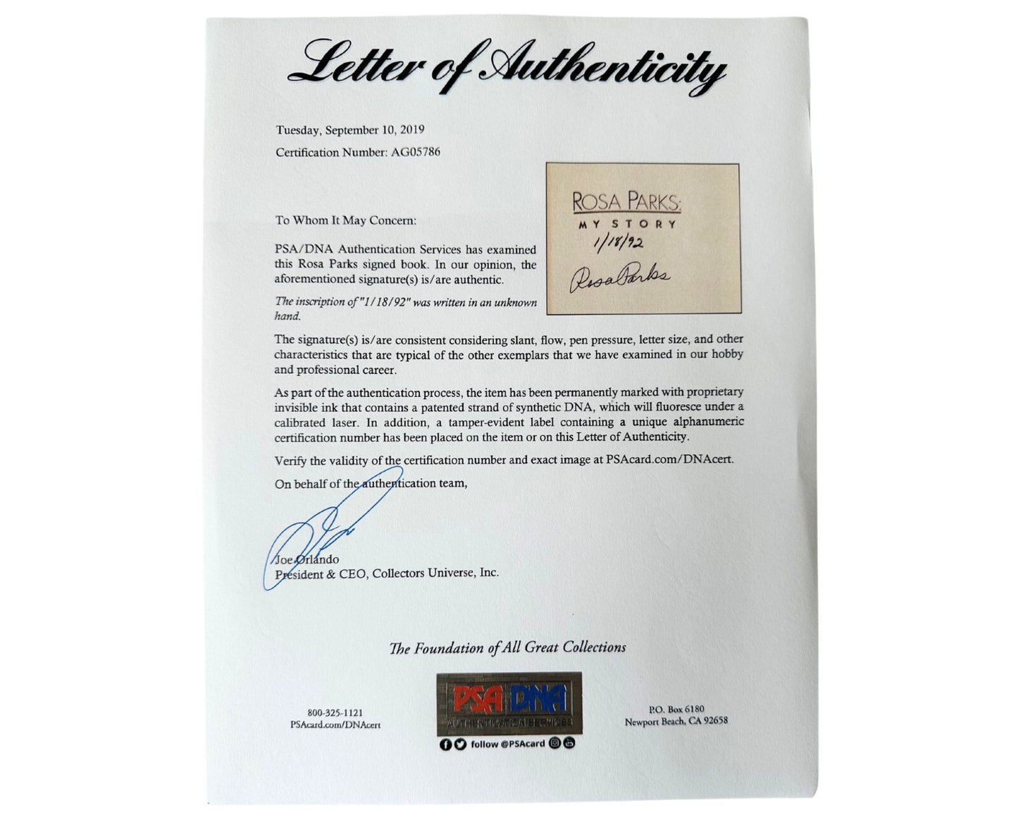 Rosa Parks Signed "My Story" Rare First Edition, First Printing Copy! PSA Auto