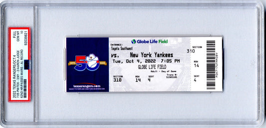 2022 Aaron Judge Yankees FULL Ticket 62ND HR Passes Maris PSA Gem Mint 10 9821