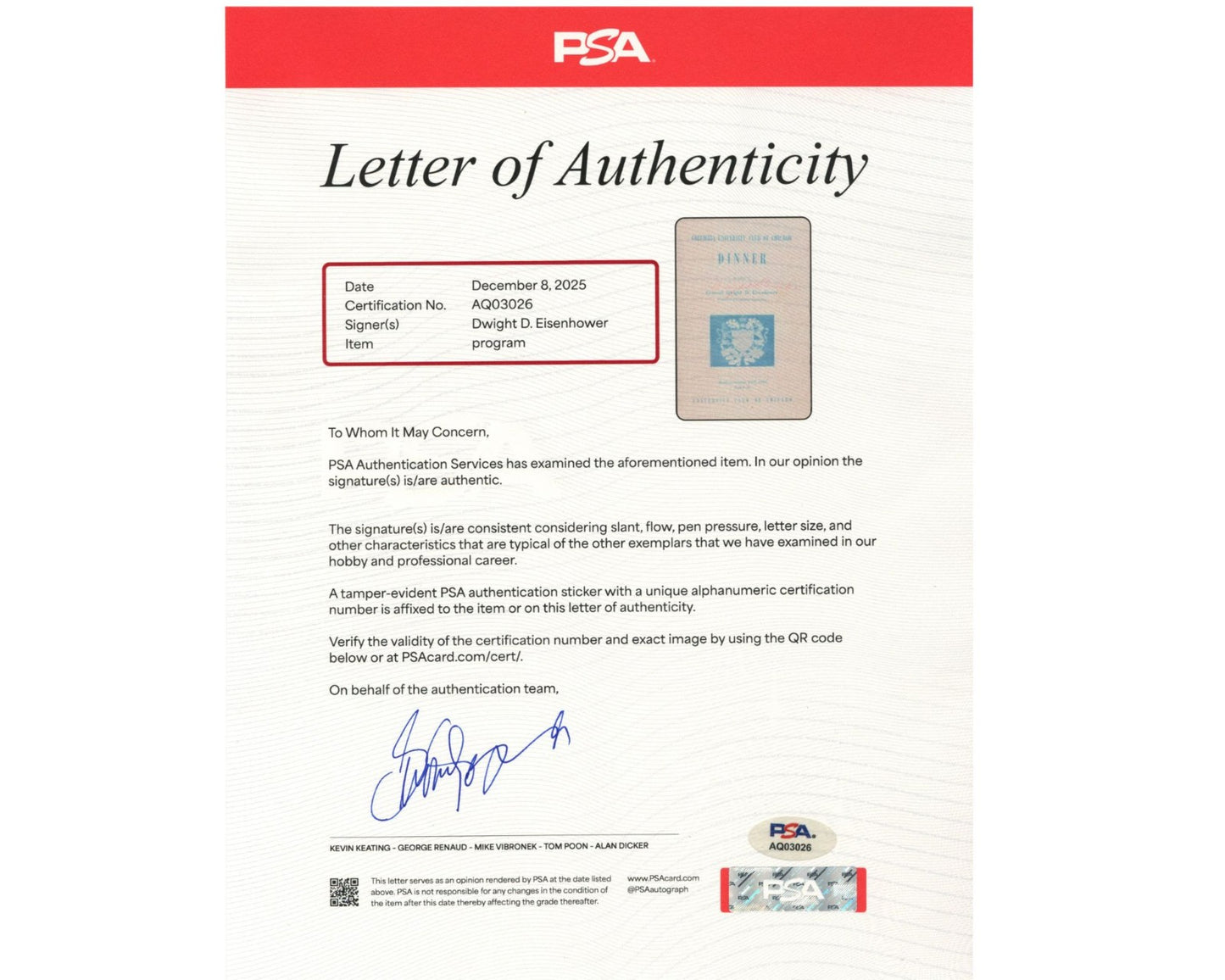 President Dwight Eisenhower Signed Columbia Dinner in Chicago Pamphlet PSA Auto