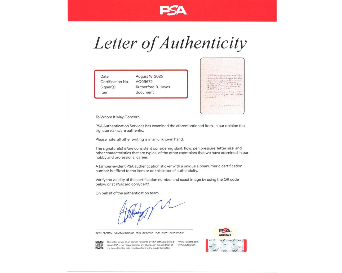 President Rutherford B. Hayes Signed Document Congratulating King of Denmark PSA