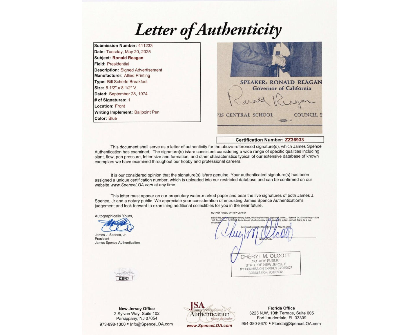 President Ronald Reagan Signed Program JSA Auto - Bold Example!