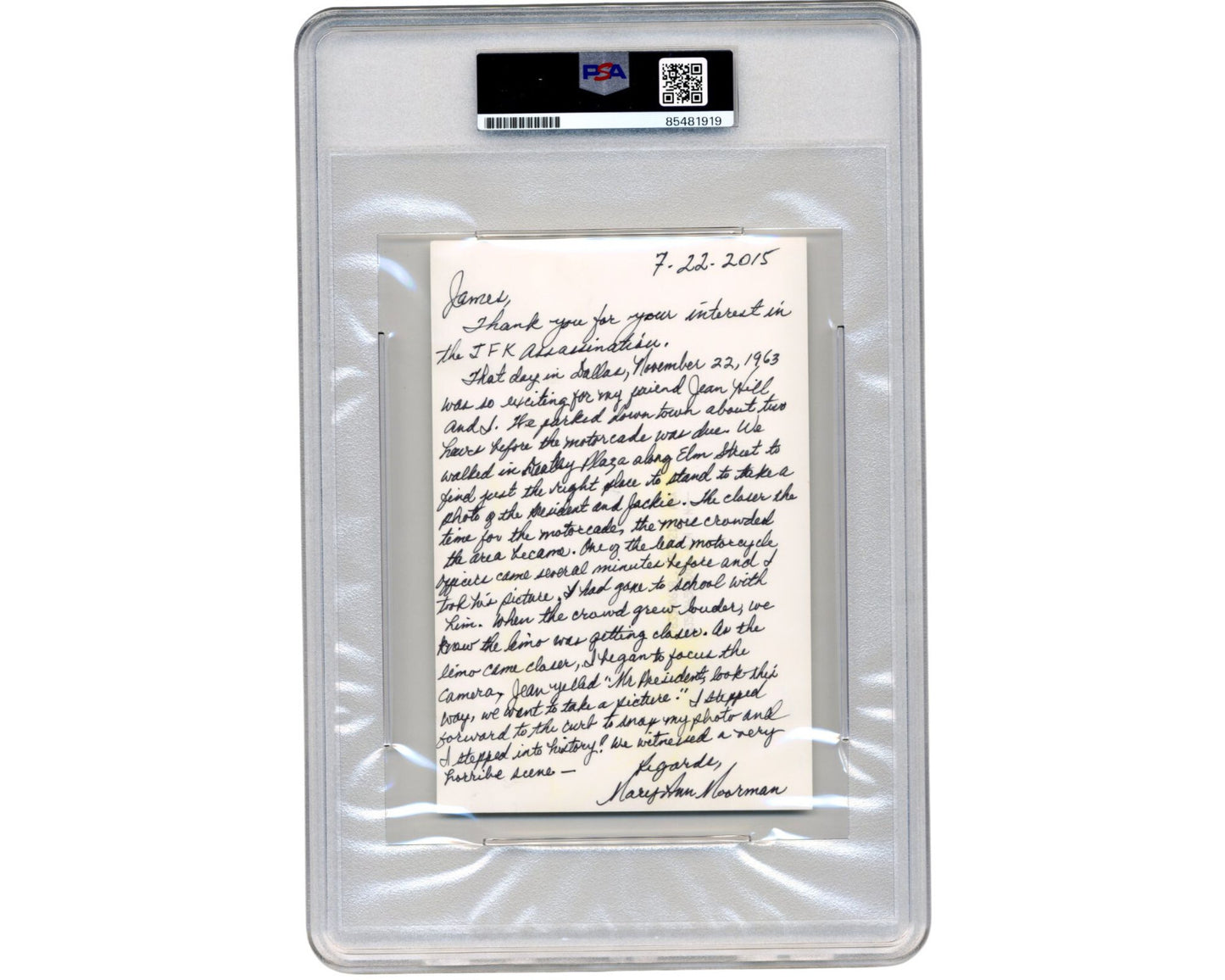 John F. Kennedy Assassination Witness Mary Ann Moorman 2x Signed Essay/Photo PSA