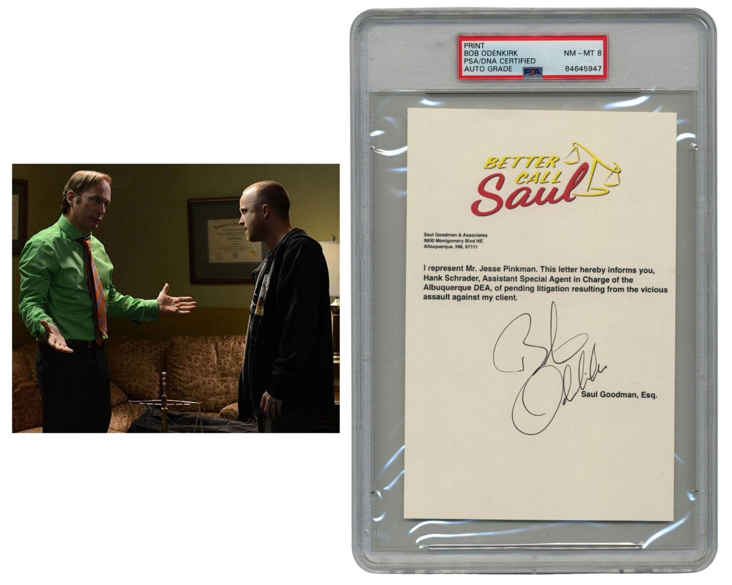 Better Call Saul Bob Odenkirk Signed Souvenir Typescript Representing Jesse! PSA