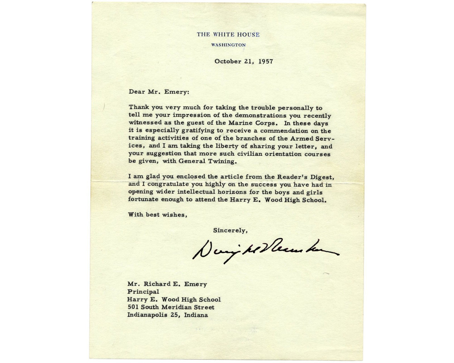 President DWIGHT EISENHOWER Signed Letter on Armed Services Training PSA Auto
