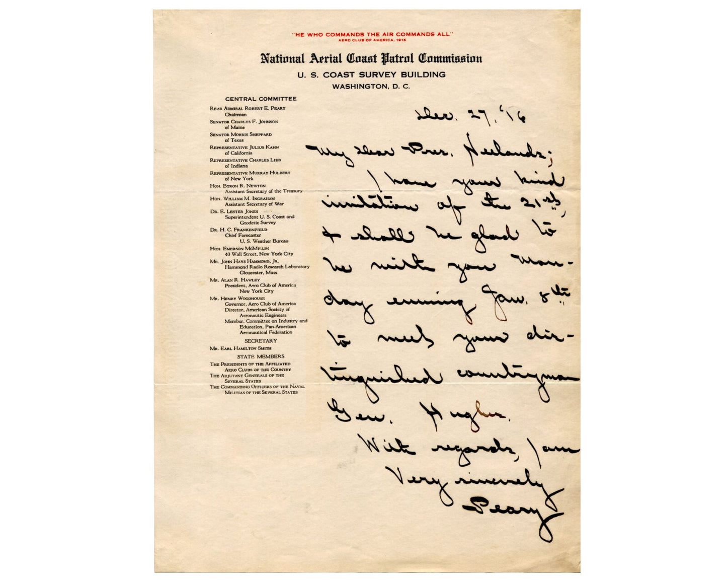 North Pole Explorer Robert E. Peary Signed Letter PSA Auto
