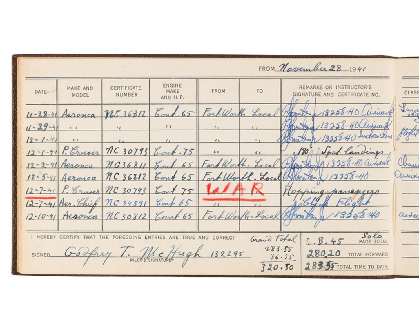 Gen Godfrey McHugh WWII Flight Book Signed 47 Times, President JFK Military Aide