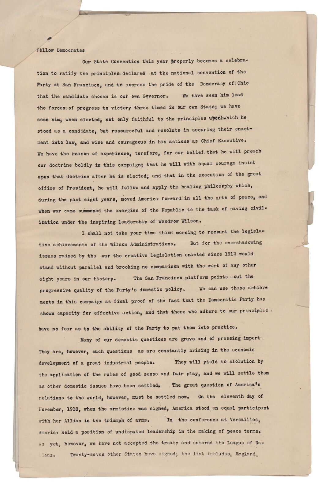 Woodrow Wilson's Copy of Sec. of War's "League of Nations" Speech at Dem. Conven