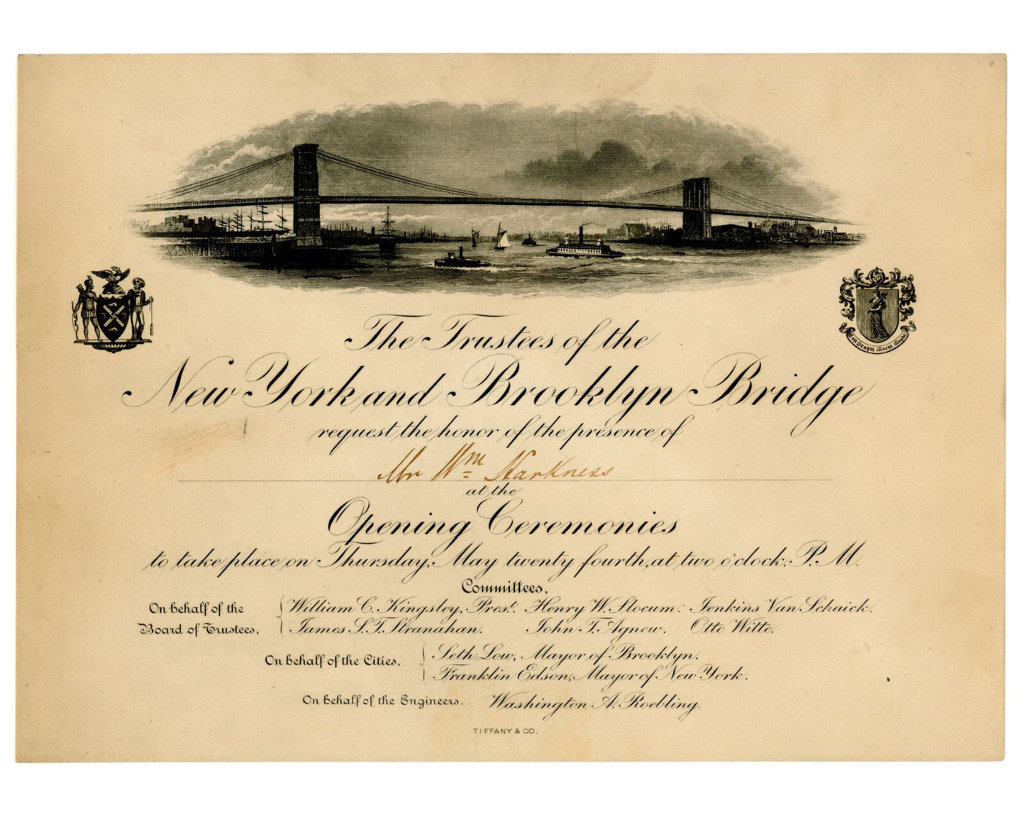 Brooklyn Bridge: Tiffany & Co. Engraved Invitation to the Opening Ceremonies