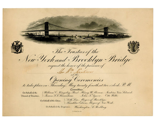 Brooklyn Bridge: Tiffany & Co. Engraved Invitation to the Opening Ceremonies