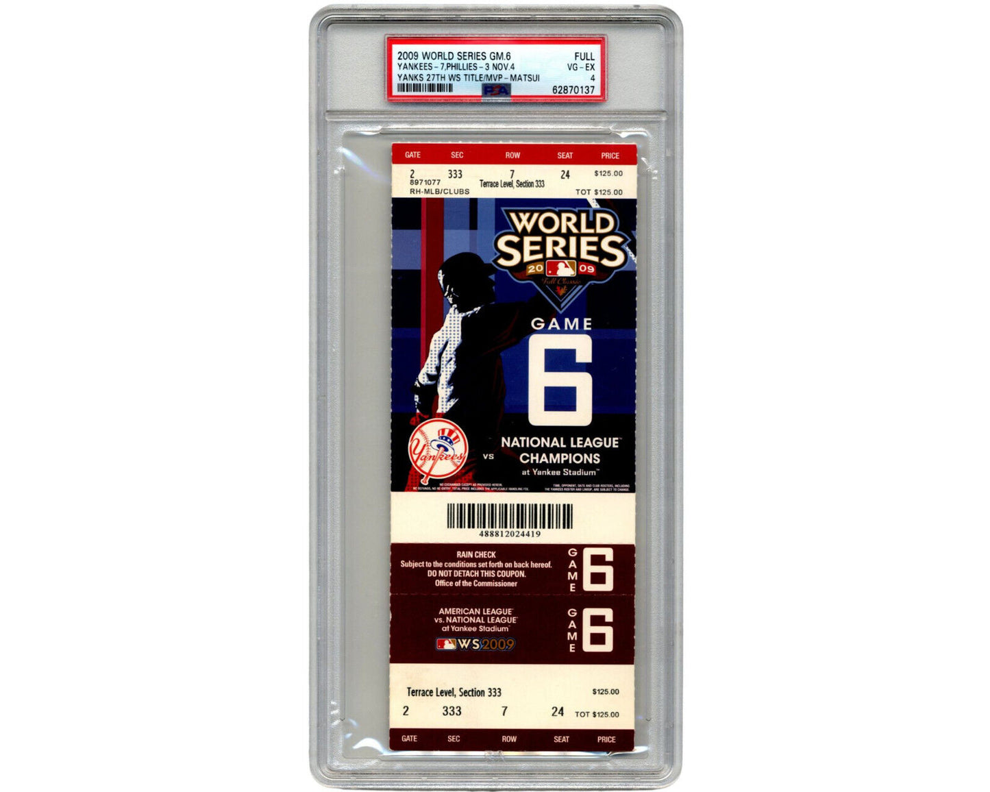 2009 New York Yankees World Series Championship Game 6 Full Ticket PSA