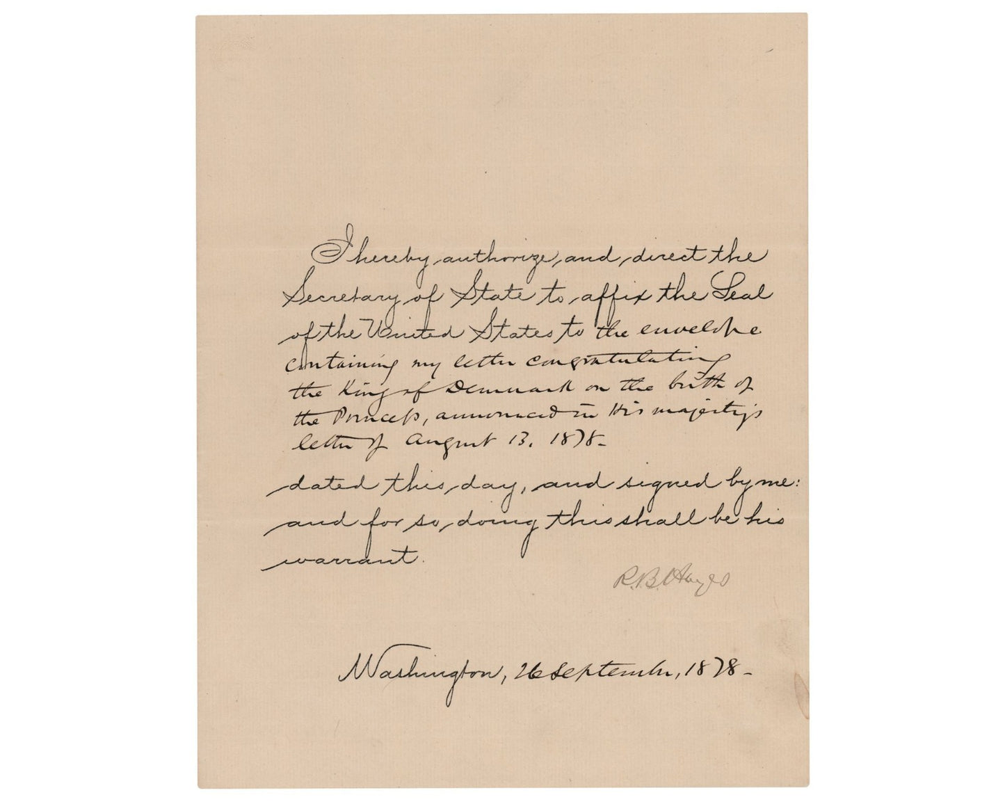 President Rutherford B. Hayes Signed Document Congratulating King of Denmark PSA