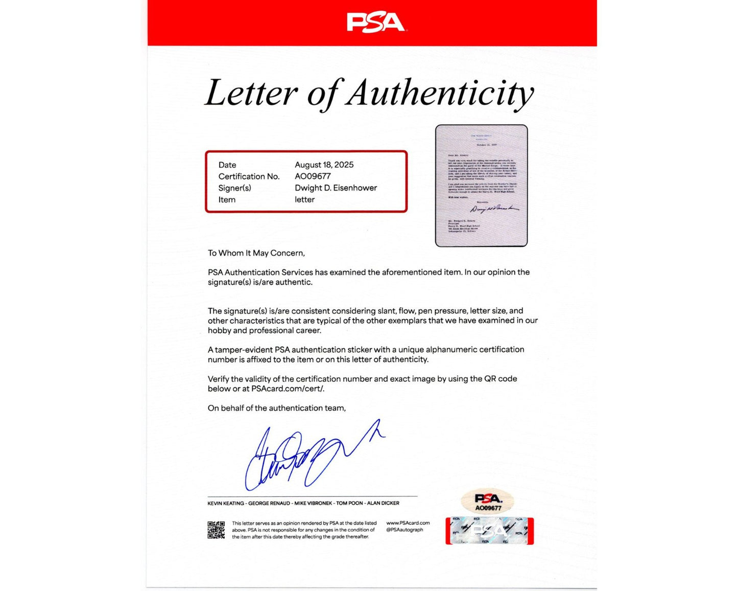 President DWIGHT EISENHOWER Signed Letter on Armed Services Training PSA Auto