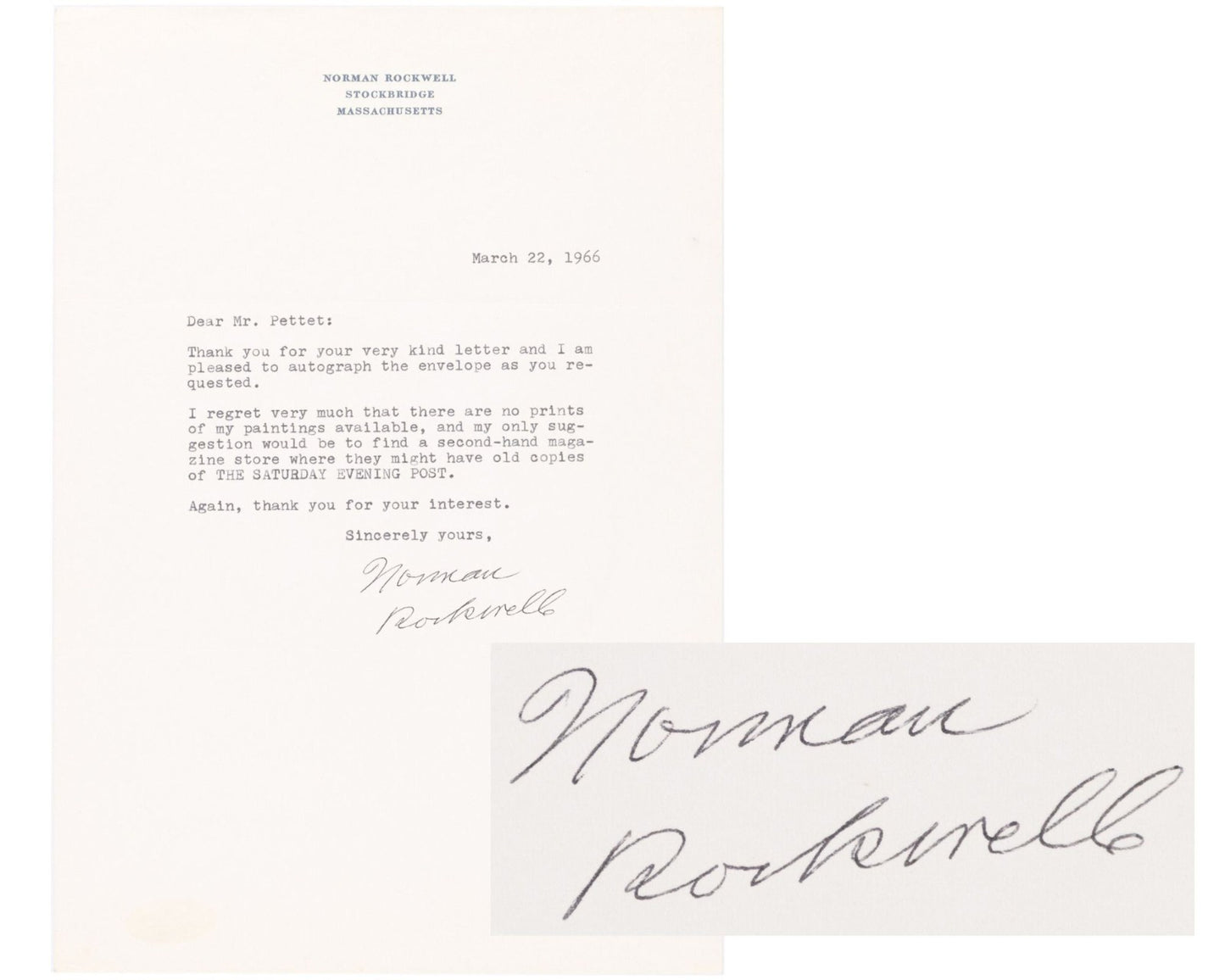 Norman Rockwell Signed Typed Letter "no prints of my paintings available" JSA!