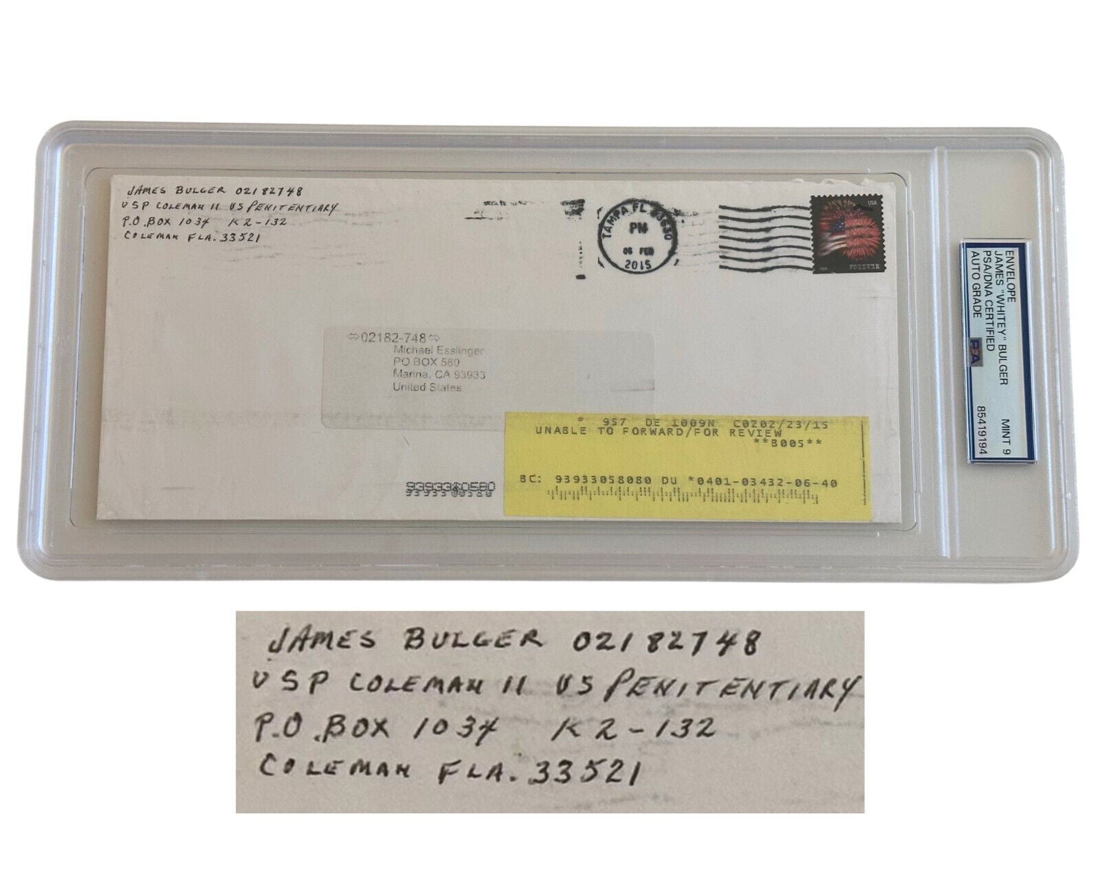 Gangster James Whitey Bulger Signed Envelope Sent from Jail PSA Mint 9
