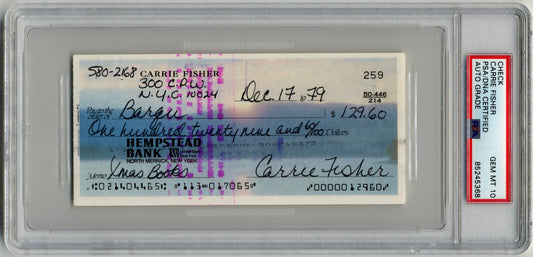 Star Wars Carrie Fisher Boldly Signed Check. PSA Gem Mint 10 Address & Phone no.